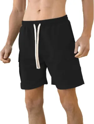 100% Cotton Shorts for Men Ribbed Elastic Waist Drawstring Knitted Casual Shorts Lounge Shorts with 4 Pockets