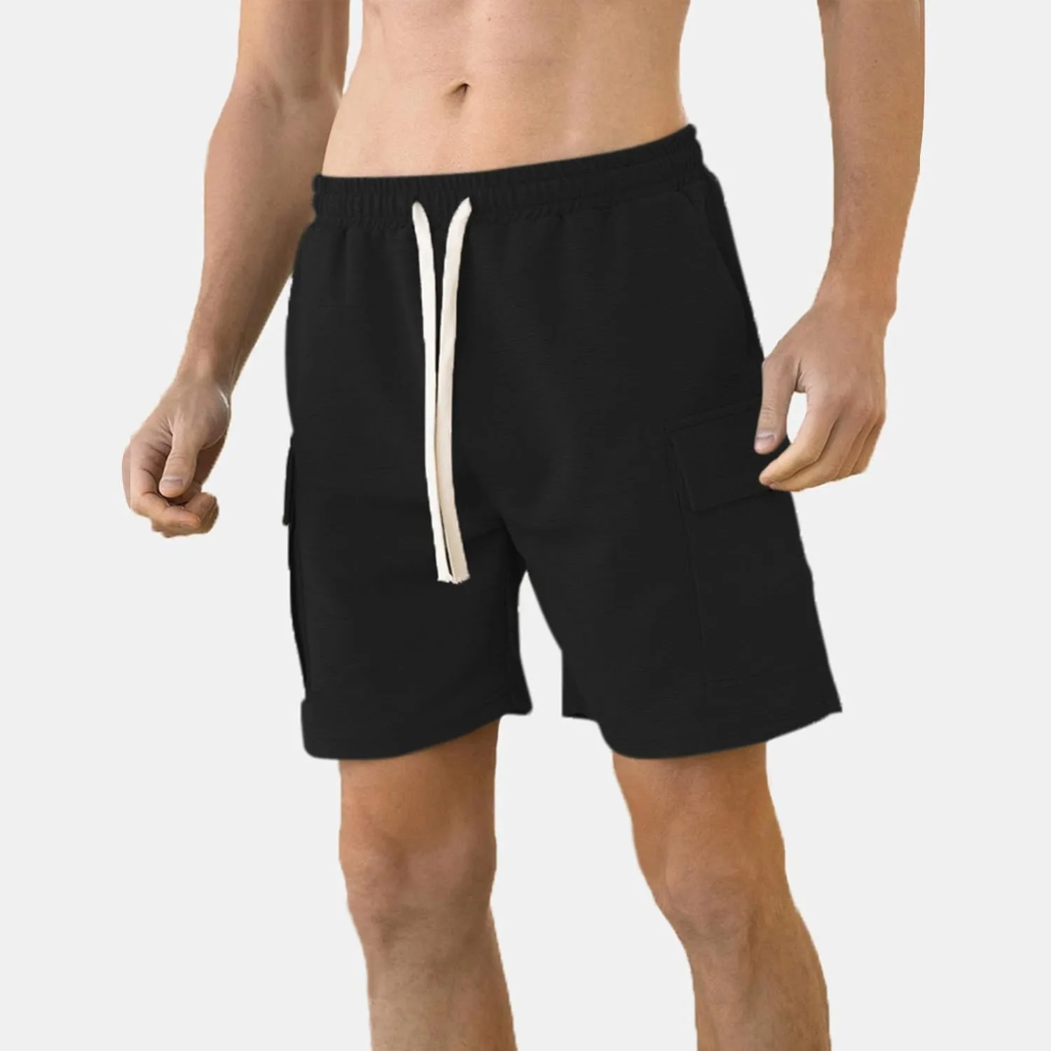 100% Cotton Shorts for Men Ribbed Elastic Waist Drawstring Knitted Casual Shorts Lounge Shorts with 4 Pockets