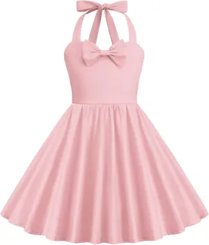 1950s Vintage Dresses for Girls Halter Dress Sleeveless Bowknot Heart Neck 4-12 Years
