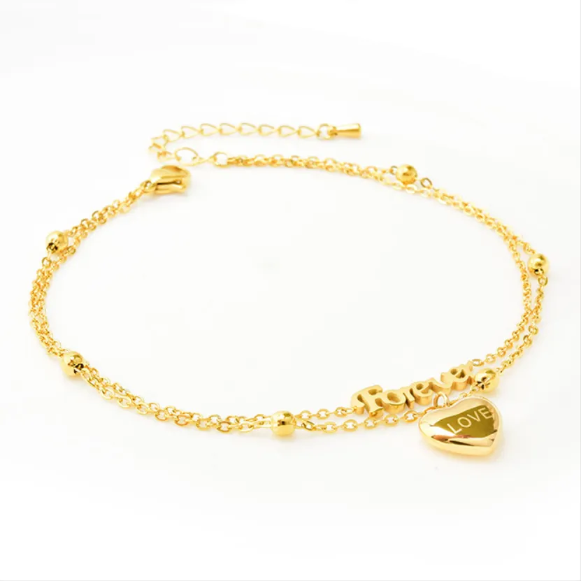 2 Layers Beaded Forever Love Heart Charm Chain Anklet For Women