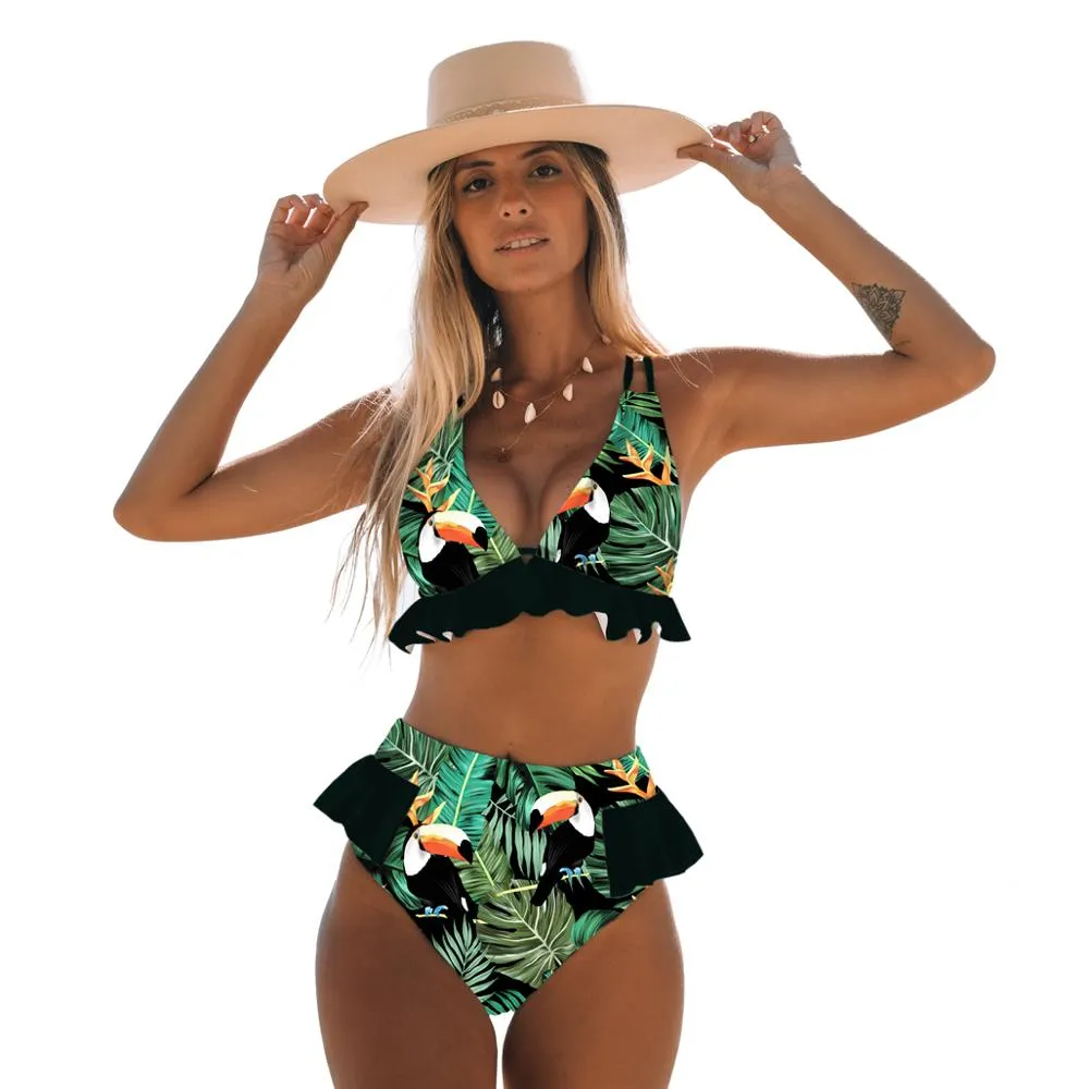 2 Piece Print Sexy Bathing Suit Cute Swimwear Women Swimsuit Ruffle Shoulder Brazilian High Waist Bikini Set