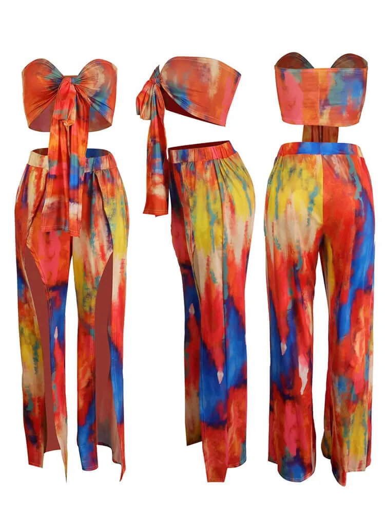 2 Piece Tie Dyed Strapless Bra Top Side Split Pants Sets