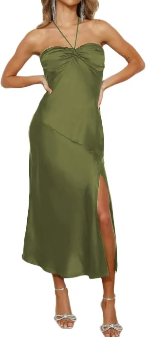 2024 Summer Satin Tube Tops Slit Wedding Guest Dress for Women Elegant Sexy Strapless Halter Neck Midi Dresses