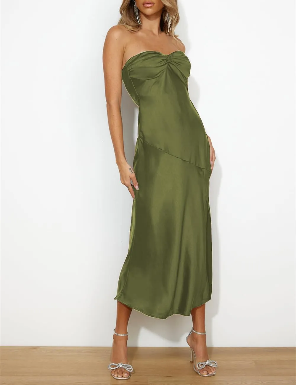 2024 Summer Satin Tube Tops Slit Wedding Guest Dress for Women Elegant Sexy Strapless Halter Neck Midi Dresses