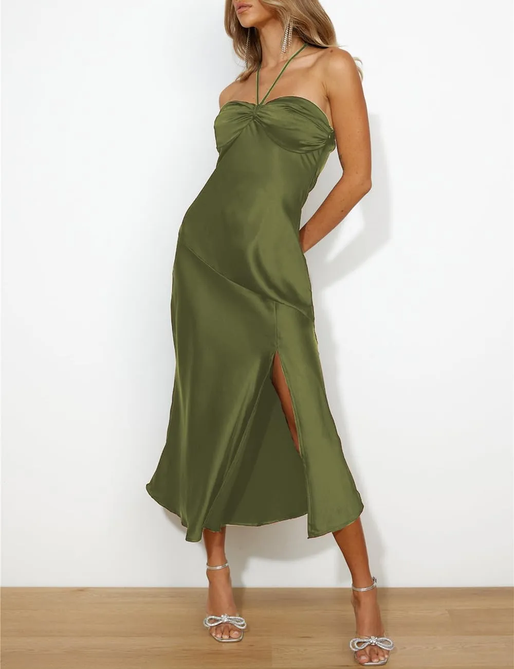 2024 Summer Satin Tube Tops Slit Wedding Guest Dress for Women Elegant Sexy Strapless Halter Neck Midi Dresses