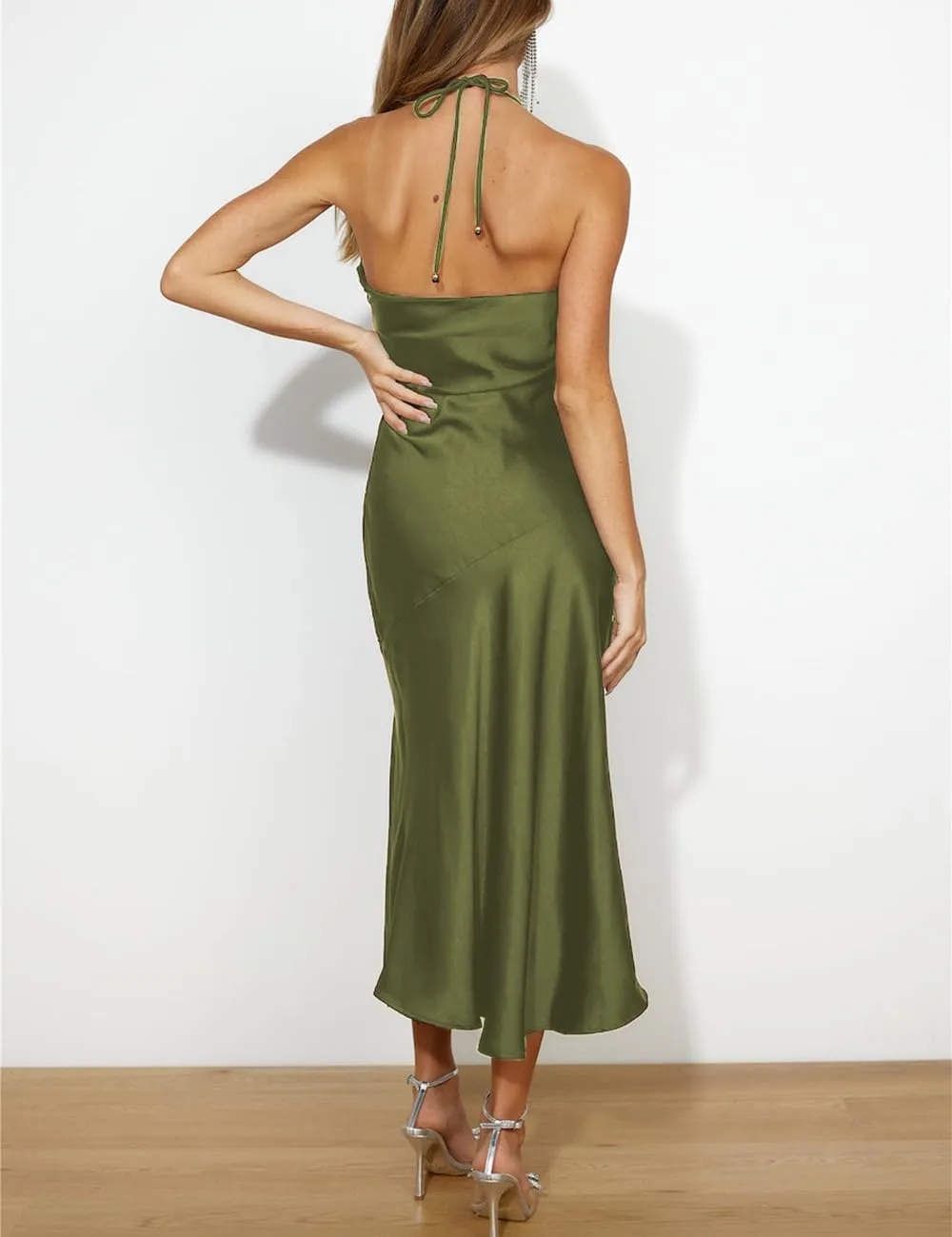 2024 Summer Satin Tube Tops Slit Wedding Guest Dress for Women Elegant Sexy Strapless Halter Neck Midi Dresses