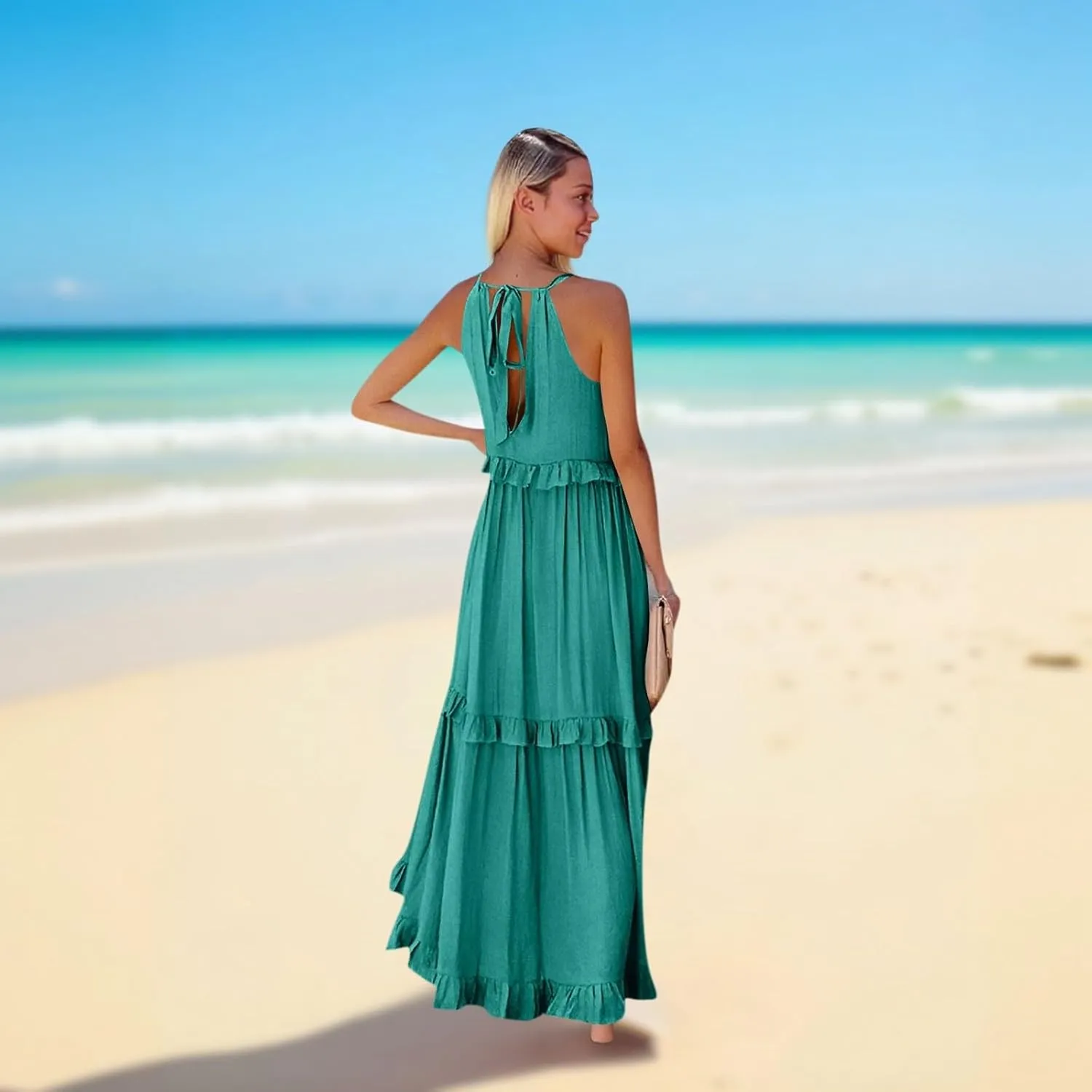 2025 Plus Size Summer Dresses for Women,Sleeveless Halter Casual Pleated Tiered Flowy Beach Vacation Long Dresses Sundress