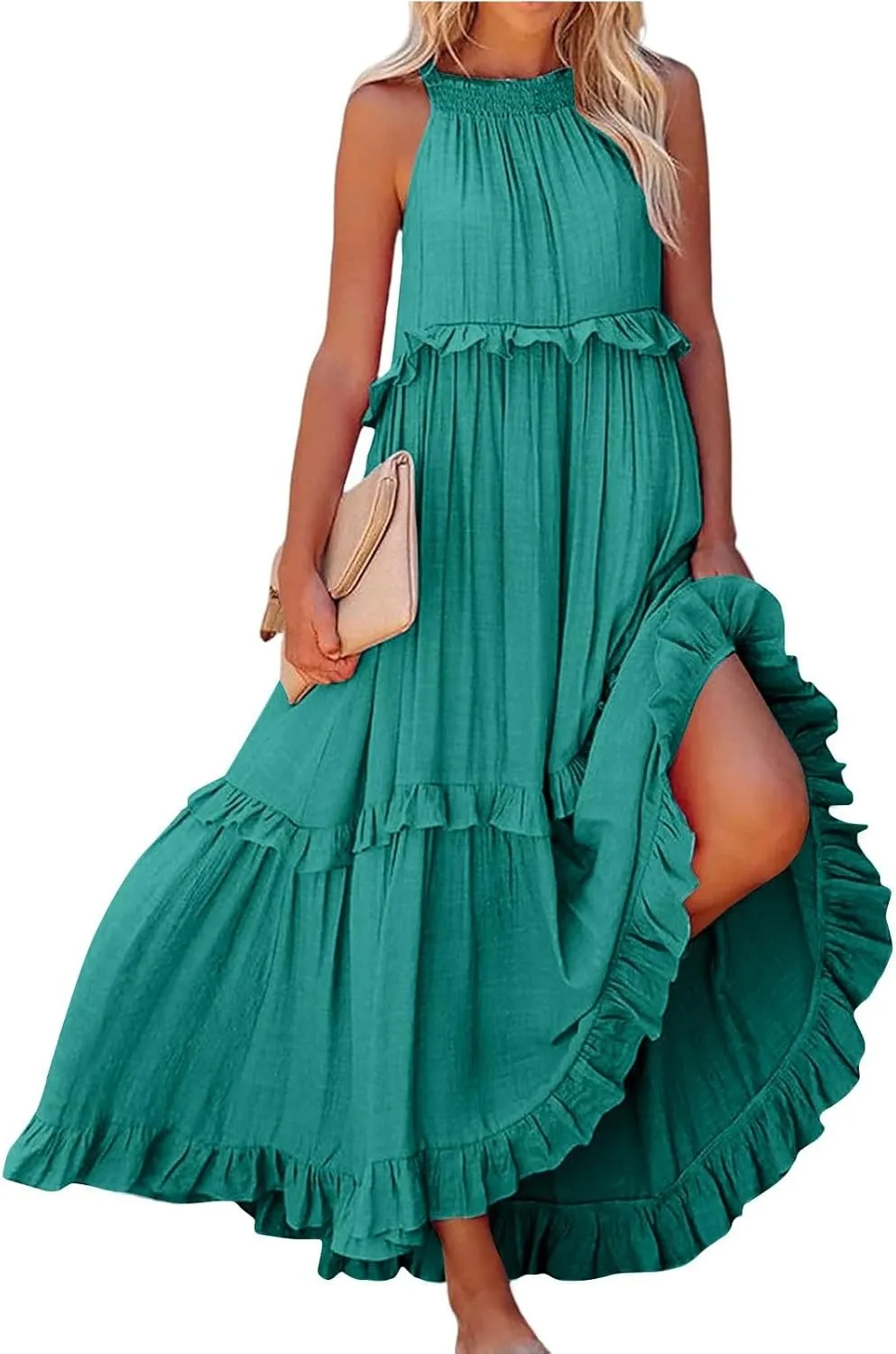 2025 Plus Size Summer Dresses for Women,Sleeveless Halter Casual Pleated Tiered Flowy Beach Vacation Long Dresses Sundress