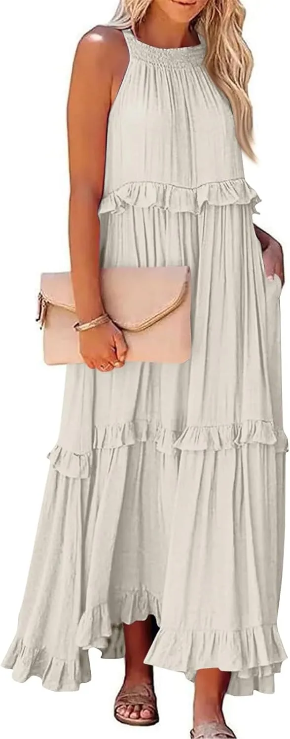 2025 Plus Size Summer Dresses for Women,Sleeveless Halter Casual Pleated Tiered Flowy Beach Vacation Long Dresses Sundress
