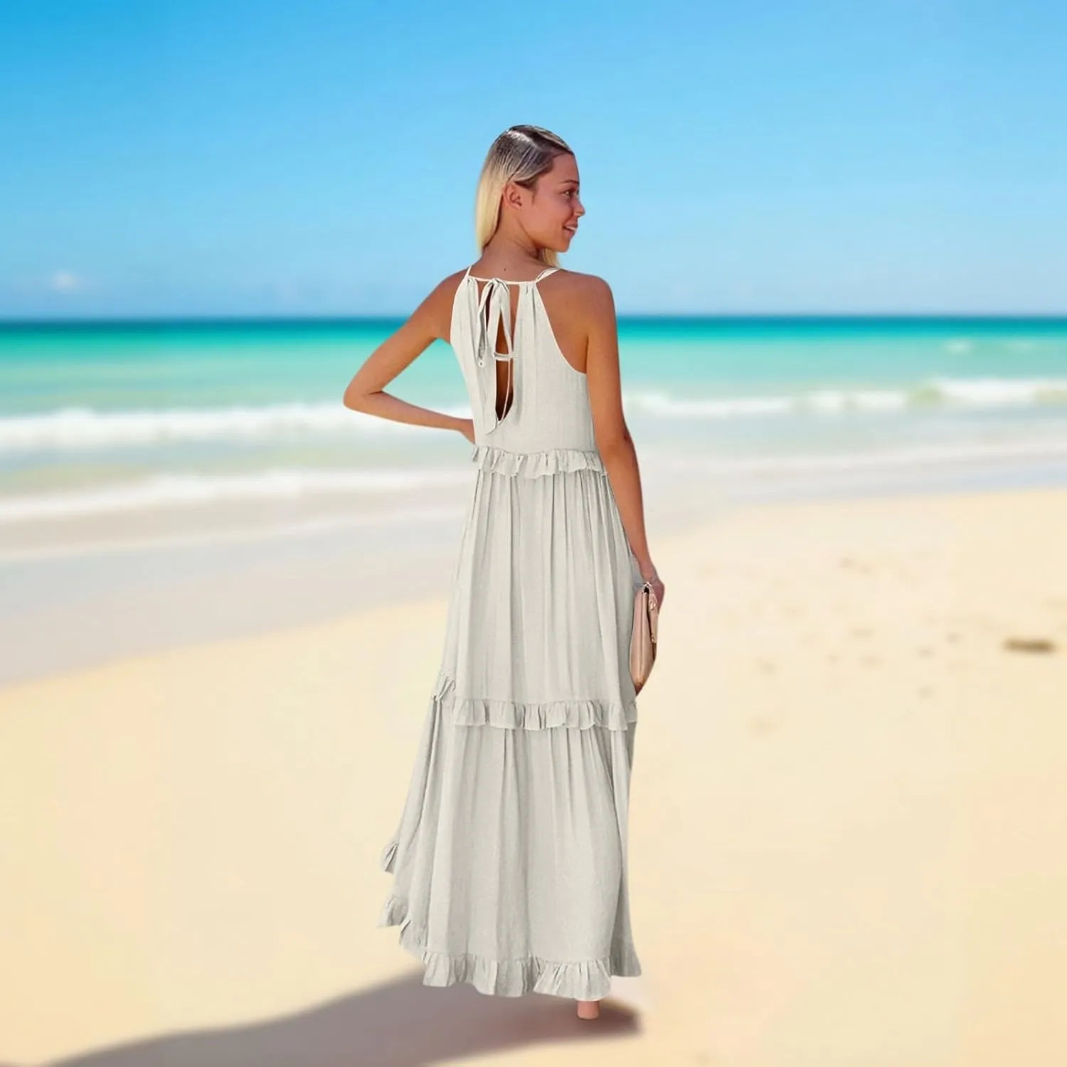 2025 Plus Size Summer Dresses for Women,Sleeveless Halter Casual Pleated Tiered Flowy Beach Vacation Long Dresses Sundress