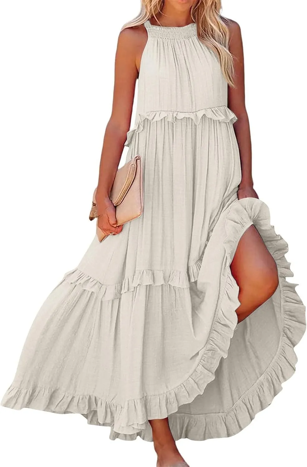 2025 Plus Size Summer Dresses for Women,Sleeveless Halter Casual Pleated Tiered Flowy Beach Vacation Long Dresses Sundress