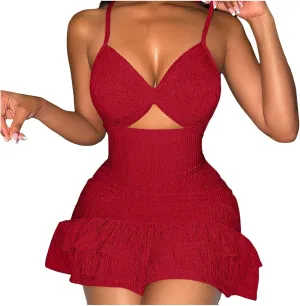 2025 Summer Women's Mini Sexy Dress Casual Cutout Side Slit Party Midi Dresses Spaghetti Straps Bodycon Going Out