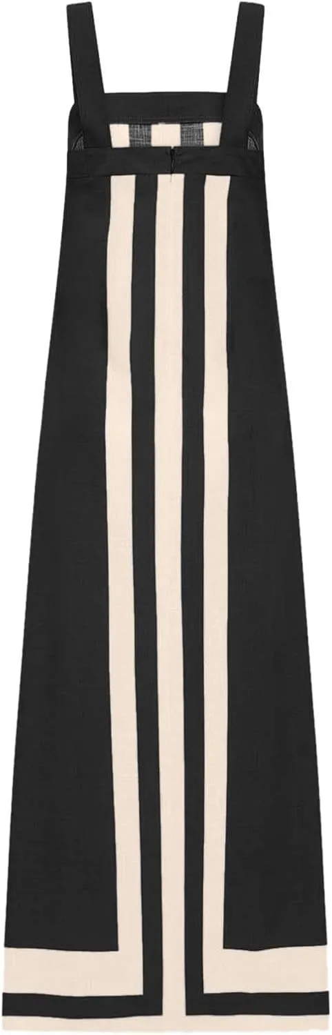 2025 Women Bohemian Dress Summer Casual Color Block Cotton Linen Maxi Beach Overall Dress Coverups Sleeveless Sundress
