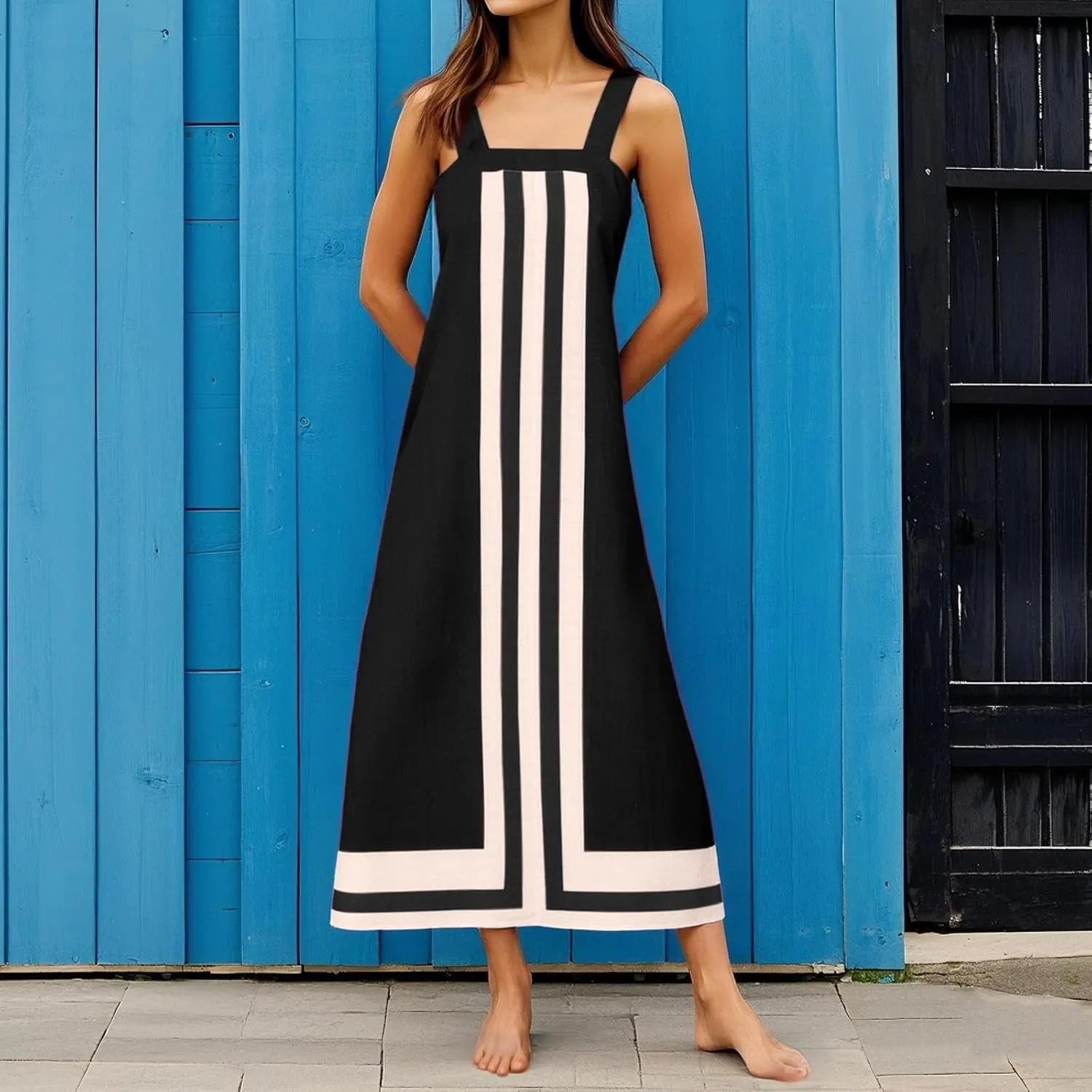 2025 Women Bohemian Dress Summer Casual Color Block Cotton Linen Maxi Beach Overall Dress Coverups Sleeveless Sundress
