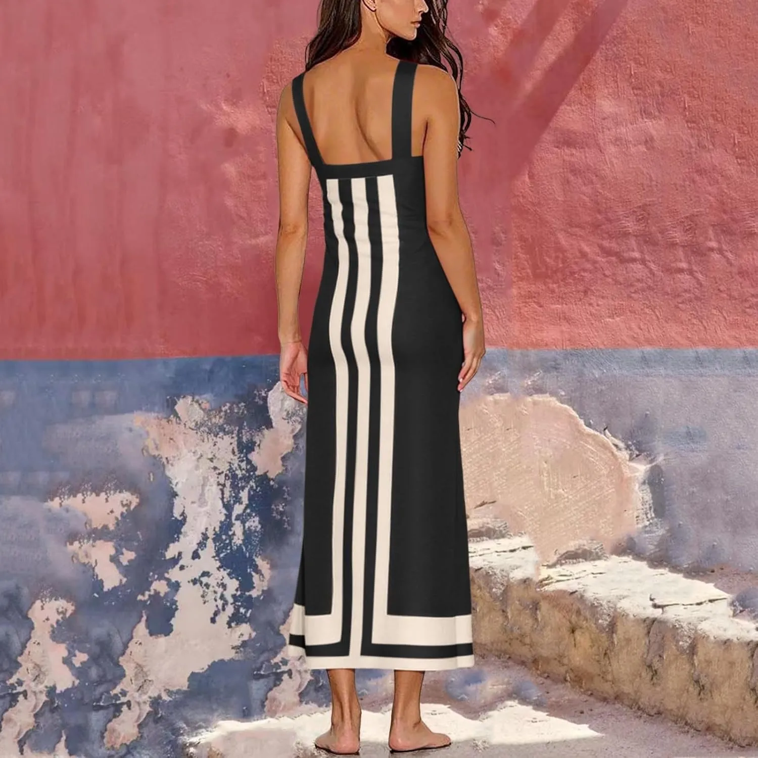 2025 Women Bohemian Dress Summer Casual Color Block Cotton Linen Maxi Beach Overall Dress Coverups Sleeveless Sundress