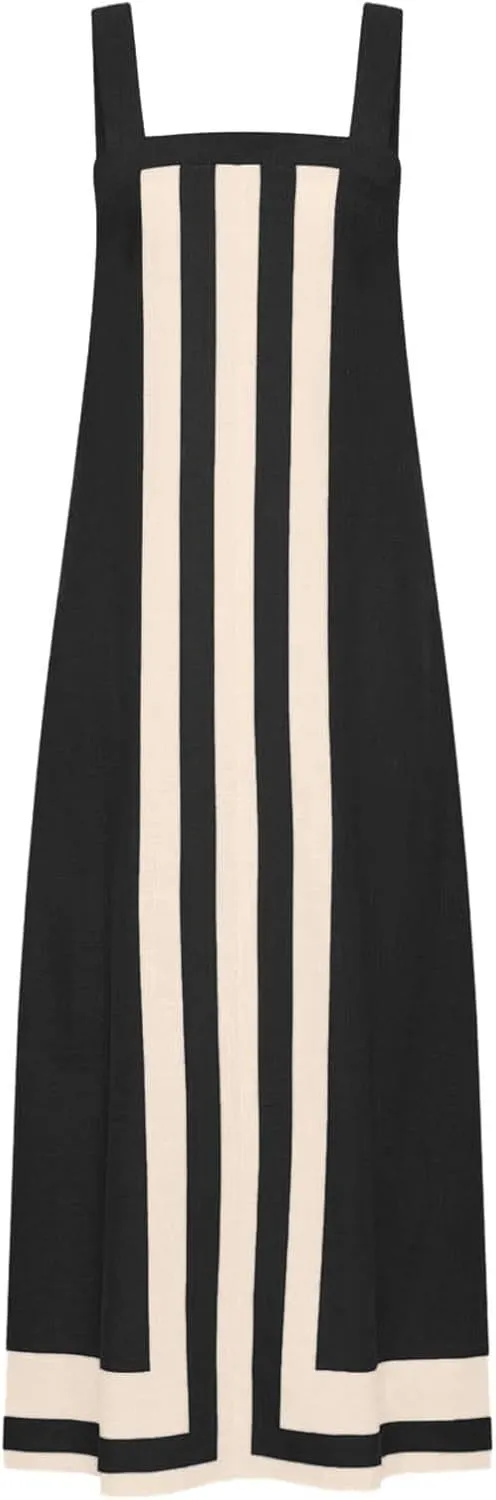 2025 Women Bohemian Dress Summer Casual Color Block Cotton Linen Maxi Beach Overall Dress Coverups Sleeveless Sundress