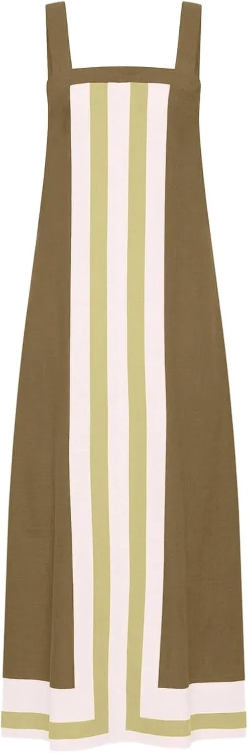 2025 Women Bohemian Dress Summer Casual Color Block Cotton Linen Maxi Beach Overall Dress Coverups Sleeveless Sundress