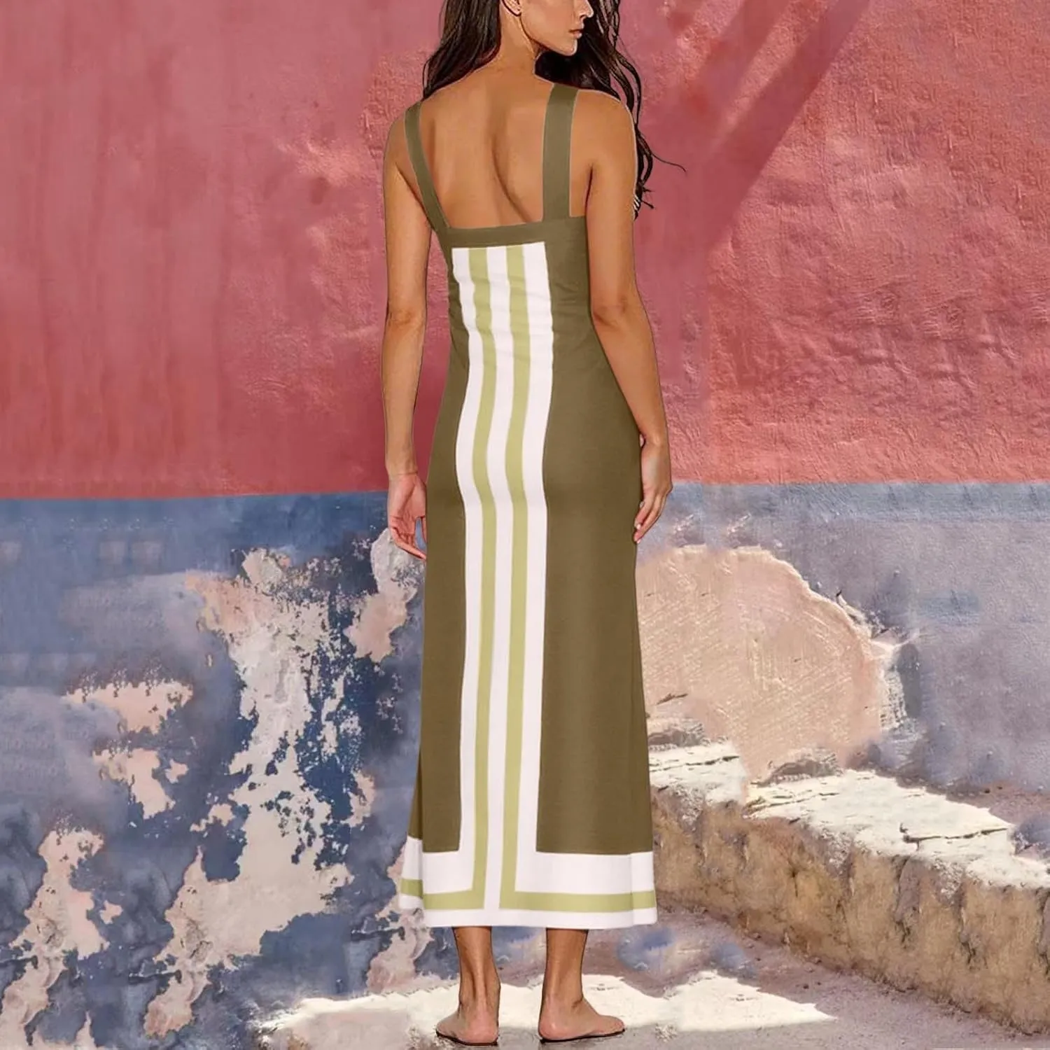 2025 Women Bohemian Dress Summer Casual Color Block Cotton Linen Maxi Beach Overall Dress Coverups Sleeveless Sundress