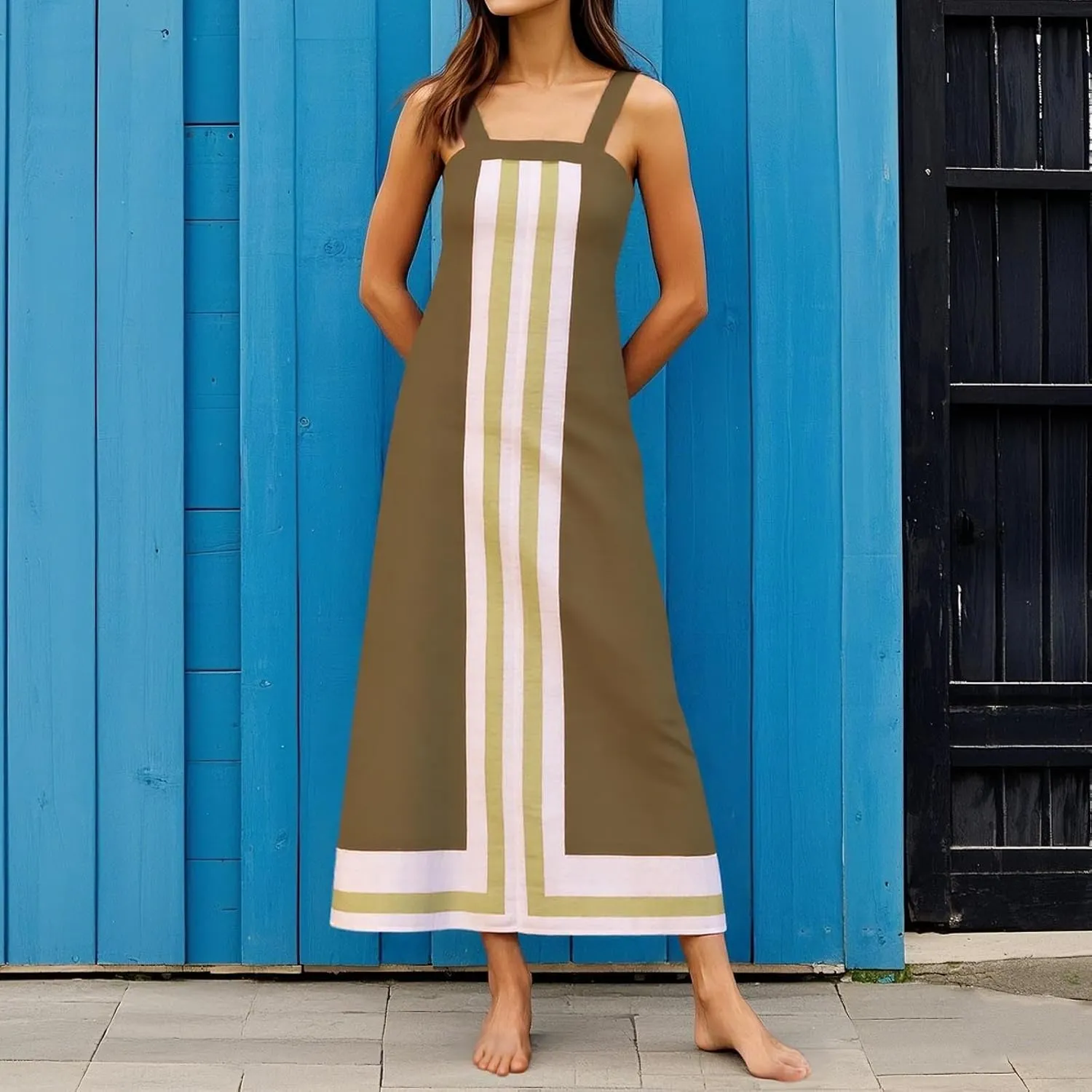 2025 Women Bohemian Dress Summer Casual Color Block Cotton Linen Maxi Beach Overall Dress Coverups Sleeveless Sundress