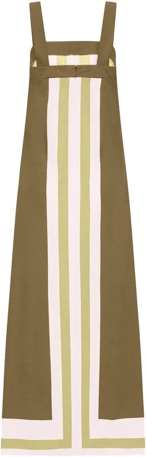 2025 Women Bohemian Dress Summer Casual Color Block Cotton Linen Maxi Beach Overall Dress Coverups Sleeveless Sundress