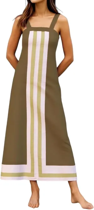 2025 Women Bohemian Dress Summer Casual Color Block Cotton Linen Maxi Beach Overall Dress Coverups Sleeveless Sundress