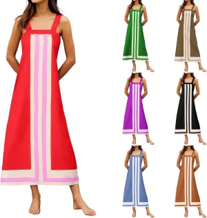 2025 Women Bohemian Dress Summer Casual Color Block Cotton Linen Maxi Beach Overall Dress Coverups Sleeveless Sundress