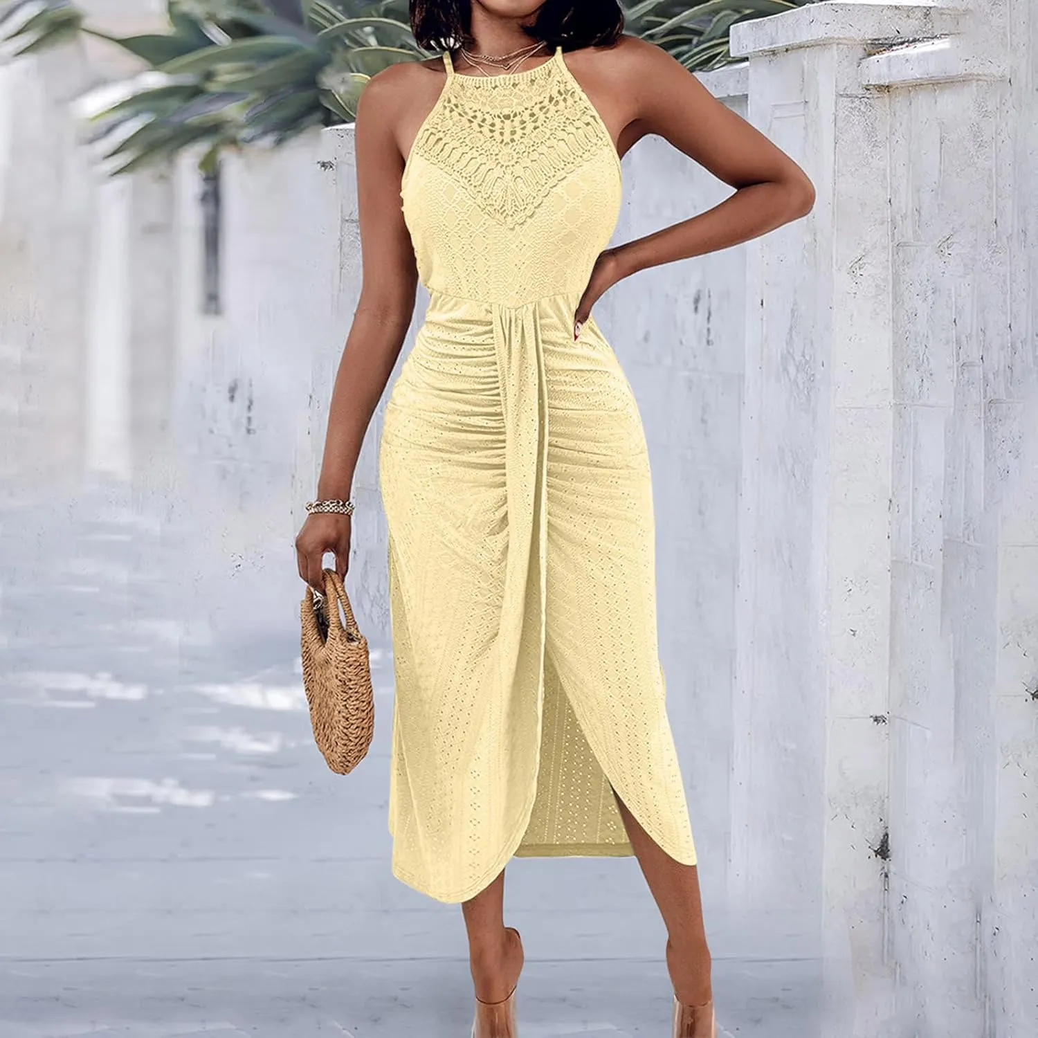 2025 Womens Halter Tie Back Dresses Summer Sleeveless Slit Front Pleated Eyelet Trendy Lace Bodycon Ruched Midi Sundress