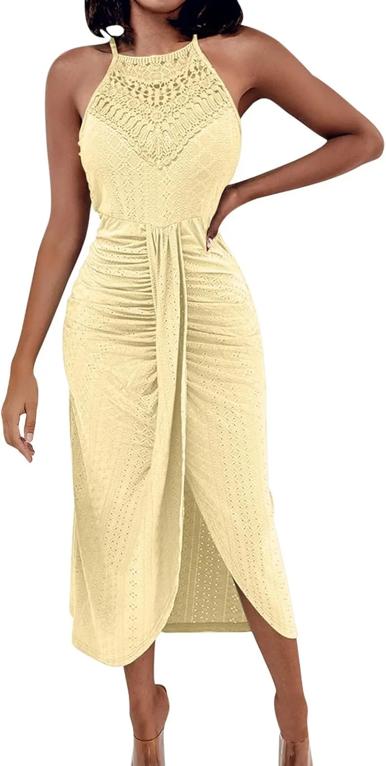 2025 Womens Halter Tie Back Dresses Summer Sleeveless Slit Front Pleated Eyelet Trendy Lace Bodycon Ruched Midi Sundress