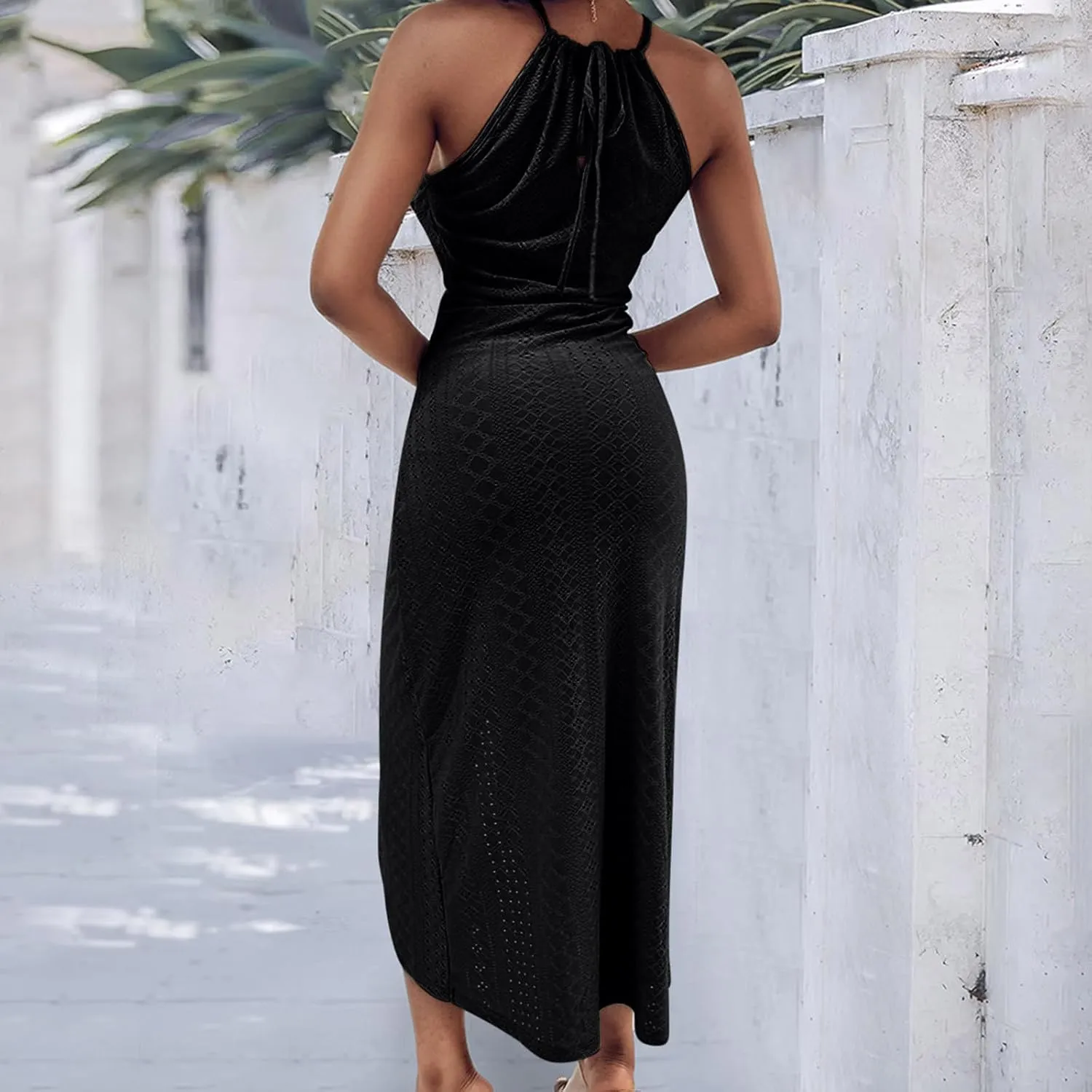 2025 Womens Halter Tie Back Dresses Summer Sleeveless Slit Front Pleated Eyelet Trendy Lace Bodycon Ruched Midi Sundress