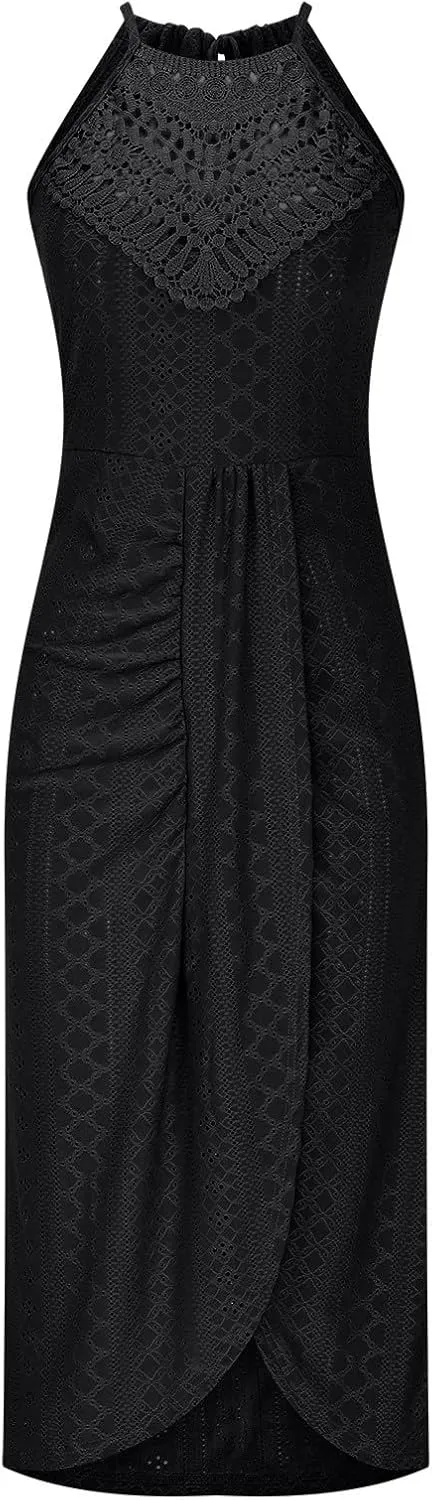 2025 Womens Halter Tie Back Dresses Summer Sleeveless Slit Front Pleated Eyelet Trendy Lace Bodycon Ruched Midi Sundress