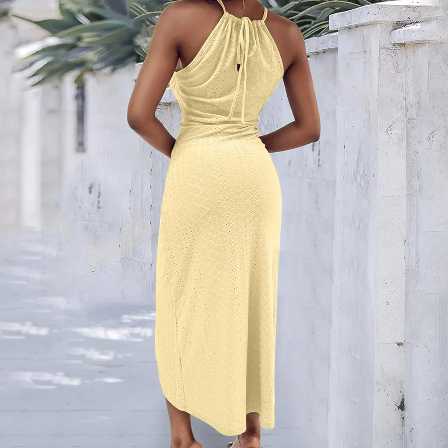 2025 Womens Halter Tie Back Dresses Summer Sleeveless Slit Front Pleated Eyelet Trendy Lace Bodycon Ruched Midi Sundress