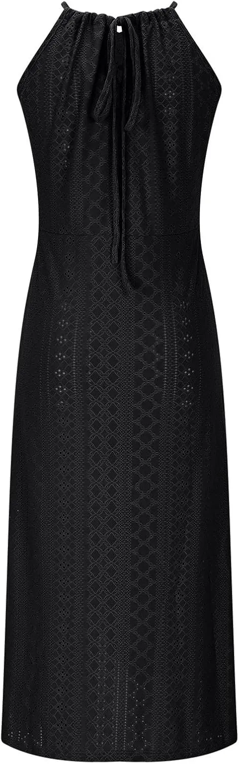 2025 Womens Halter Tie Back Dresses Summer Sleeveless Slit Front Pleated Eyelet Trendy Lace Bodycon Ruched Midi Sundress