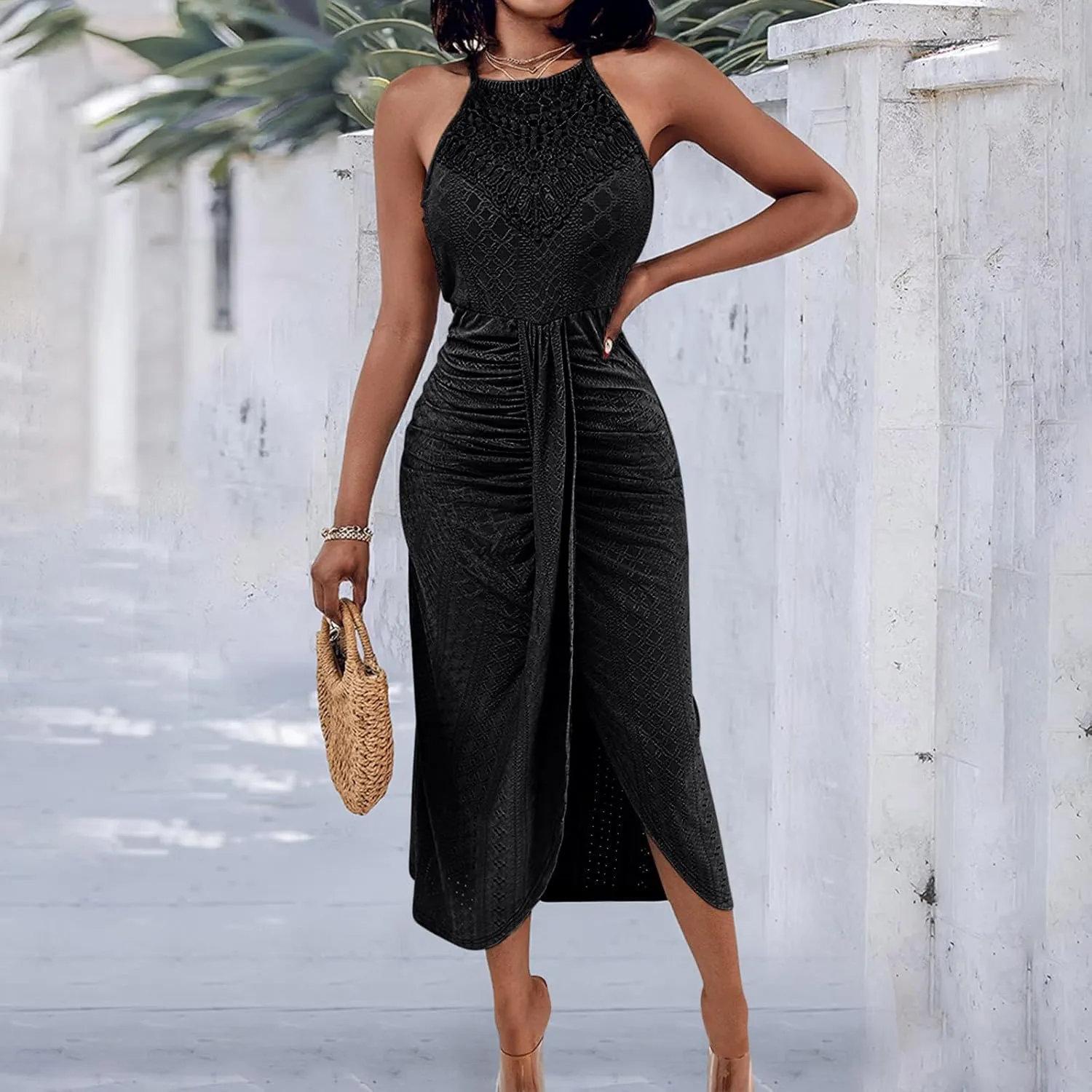 2025 Womens Halter Tie Back Dresses Summer Sleeveless Slit Front Pleated Eyelet Trendy Lace Bodycon Ruched Midi Sundress