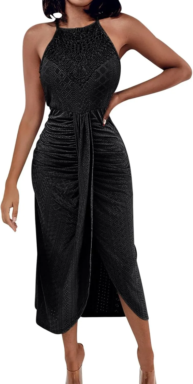2025 Womens Halter Tie Back Dresses Summer Sleeveless Slit Front Pleated Eyelet Trendy Lace Bodycon Ruched Midi Sundress