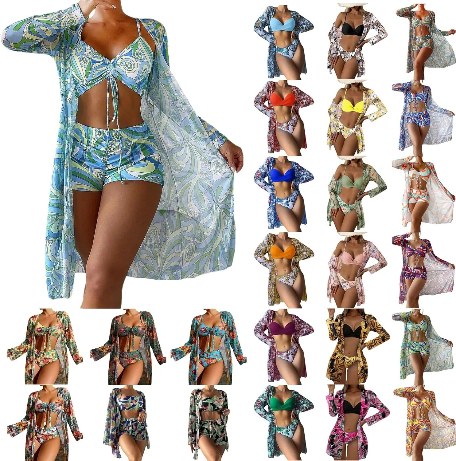 3 Pieces Swimsuit Sets for Women 2024 High Waist Bikini Sets with Cover Ups Summer Beach Cheeky Bathing Suit Swimwear