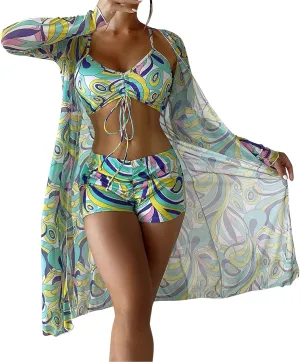 3 Pieces Swimsuit Sets for Women 2024 High Waist Bikini Sets with Cover Ups Summer Beach Cheeky Bathing Suit Swimwear
