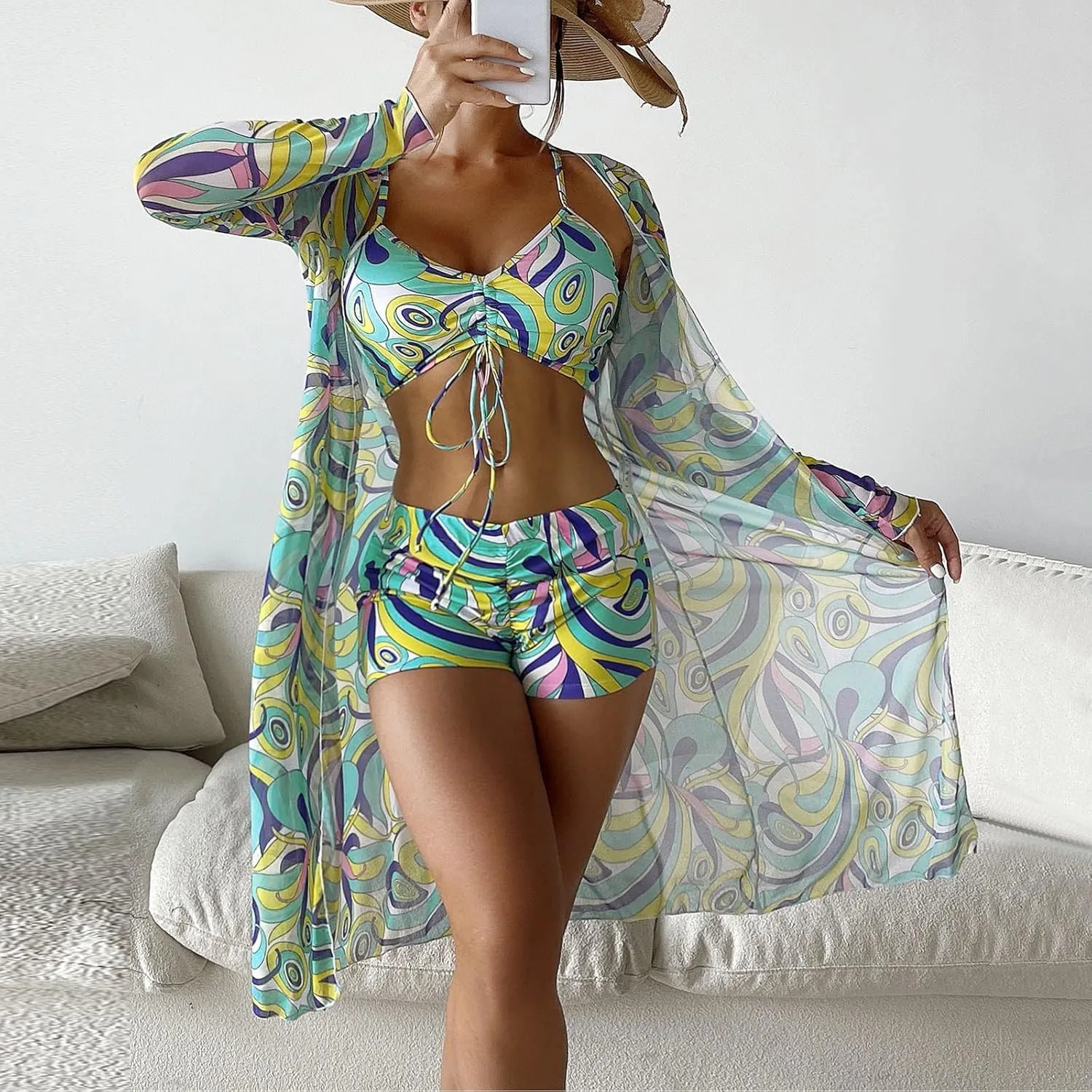 3 Pieces Swimsuit Sets for Women 2024 High Waist Bikini Sets with Cover Ups Summer Beach Cheeky Bathing Suit Swimwear