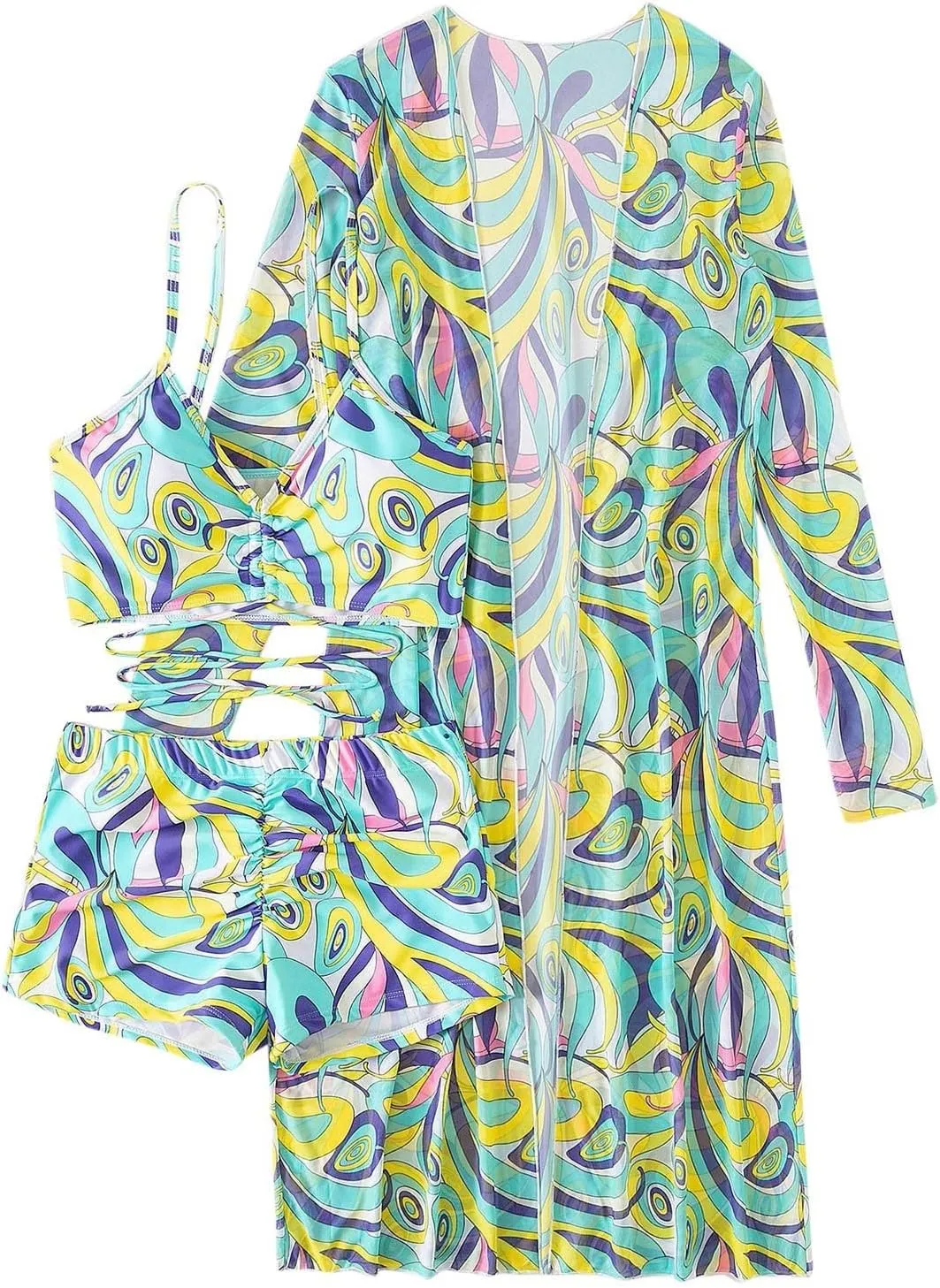 3 Pieces Swimsuit Sets for Women 2024 High Waist Bikini Sets with Cover Ups Summer Beach Cheeky Bathing Suit Swimwear