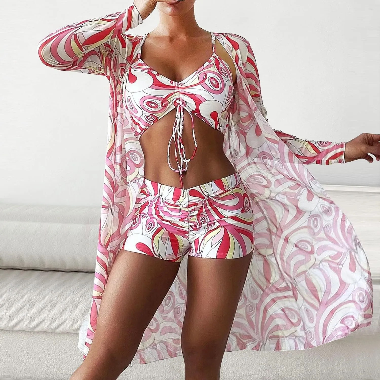 3 Pieces Swimsuit Sets for Women 2024 High Waist Bikini Sets with Cover Ups Summer Beach Cheeky Bathing Suit Swimwear
