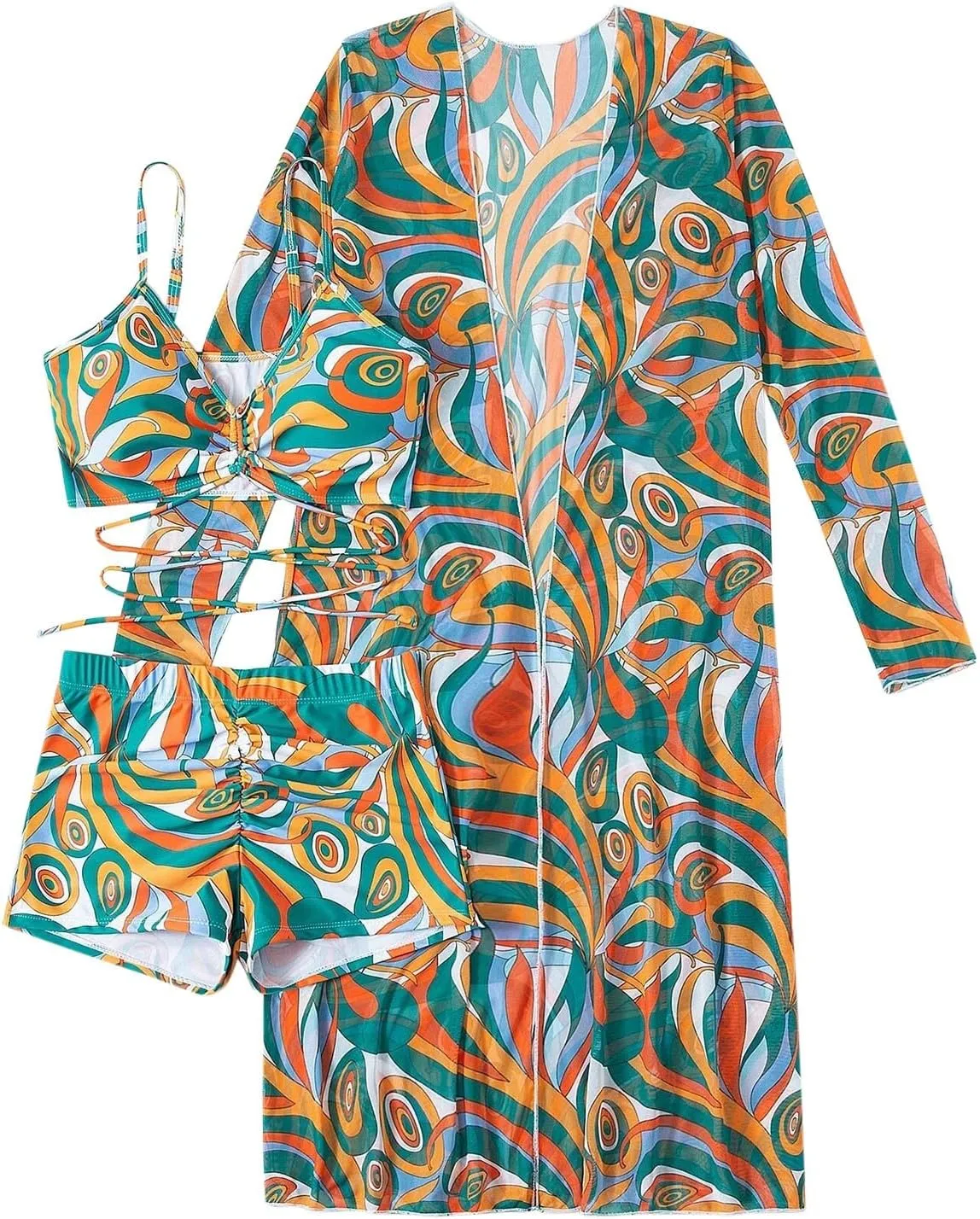3 Pieces Swimsuit Sets for Women 2024 High Waist Bikini Sets with Cover Ups Summer Beach Cheeky Bathing Suit Swimwear