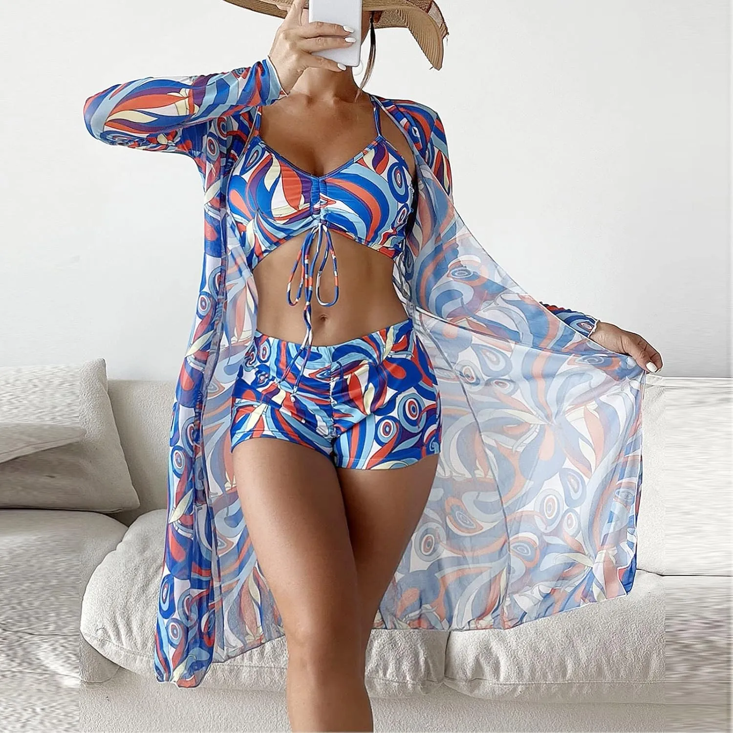 3 Pieces Swimsuit Sets for Women 2024 High Waist Bikini Sets with Cover Ups Summer Beach Cheeky Bathing Suit Swimwear
