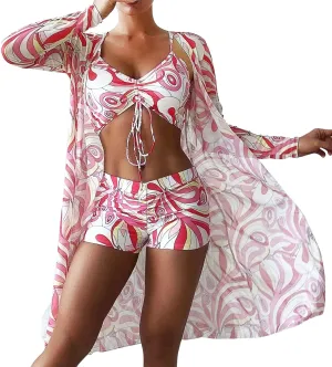 3 Pieces Swimsuit Sets for Women 2024 High Waist Bikini Sets with Cover Ups Summer Beach Cheeky Bathing Suit Swimwear