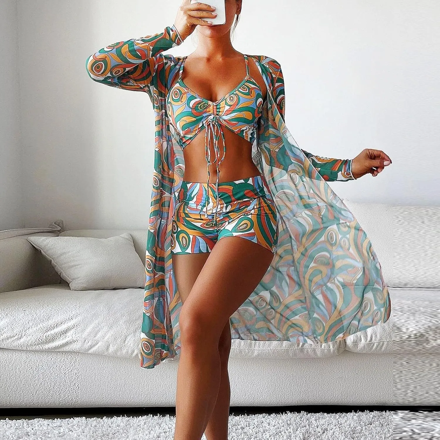 3 Pieces Swimsuit Sets for Women 2024 High Waist Bikini Sets with Cover Ups Summer Beach Cheeky Bathing Suit Swimwear