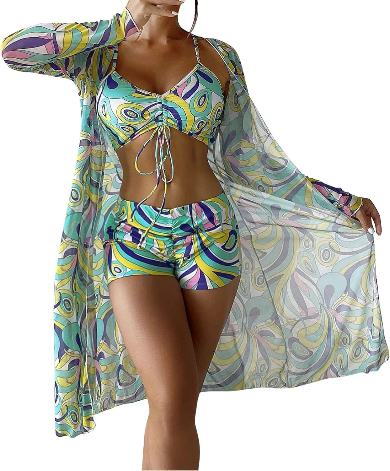 3 Pieces Swimsuit Sets for Women 2024 High Waist Bikini Sets with Cover Ups Summer Beach Cheeky Bathing Suit Swimwear