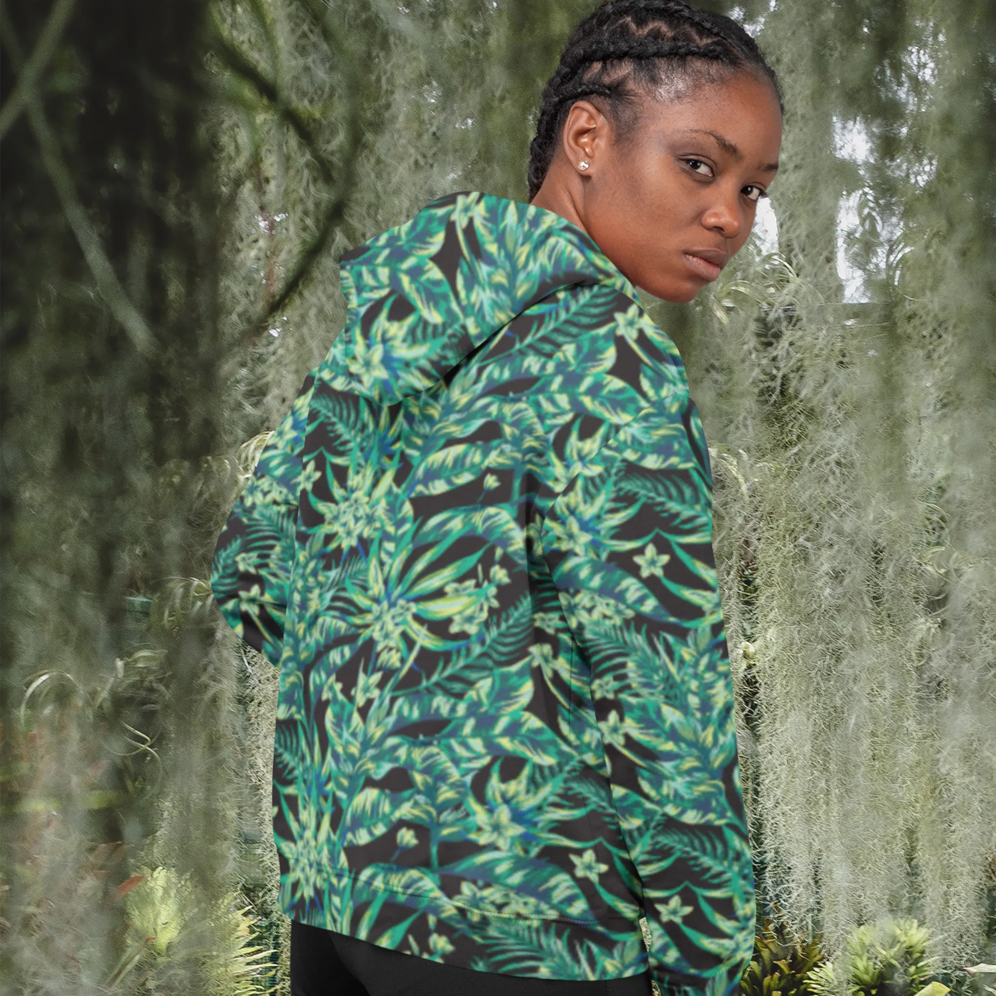 65 MCMLXV Unisex Black Tonal Tropical Print Pull-over Hoodie