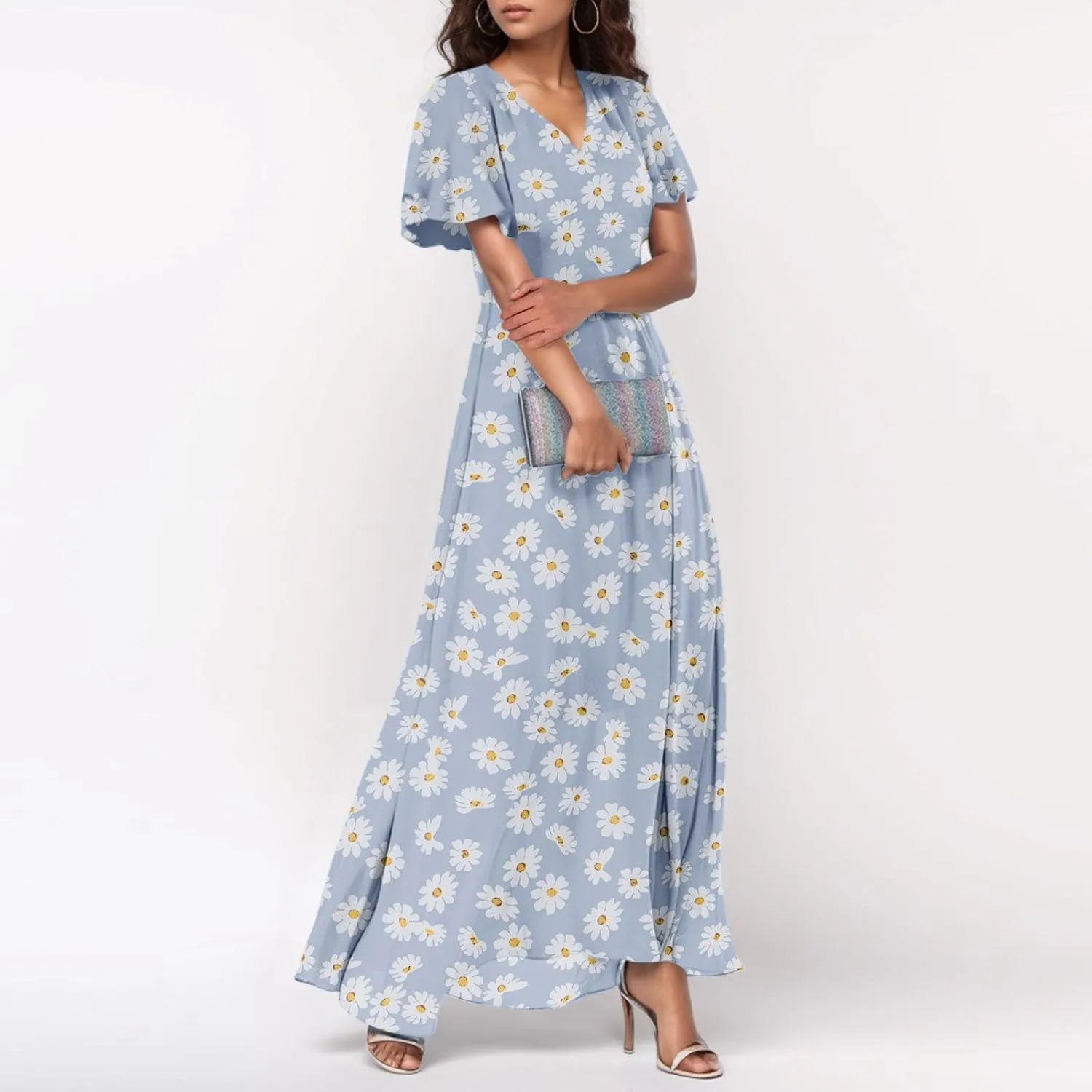 A Line Dresses for Women 2025 Floral Chiffon Long Summer Dresses Ruffle Short Sleeve Beach Dress for Wedding Guest