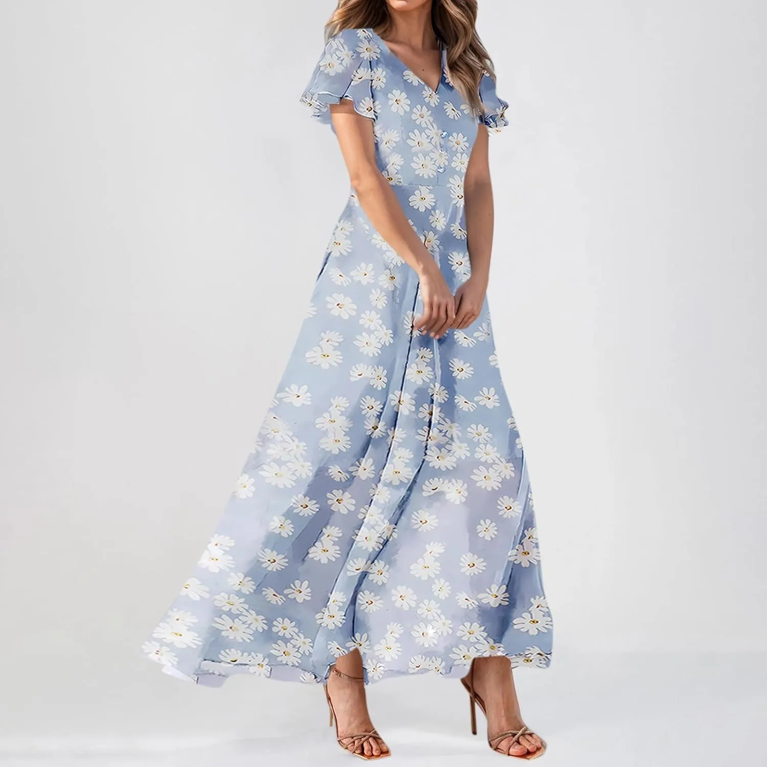 A Line Dresses for Women 2025 Floral Chiffon Long Summer Dresses Ruffle Short Sleeve Beach Dress for Wedding Guest
