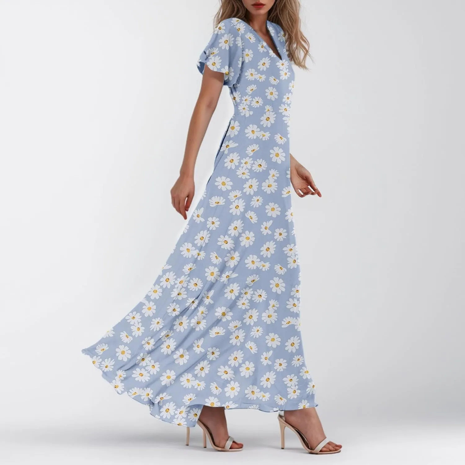 A Line Dresses for Women 2025 Floral Chiffon Long Summer Dresses Ruffle Short Sleeve Beach Dress for Wedding Guest