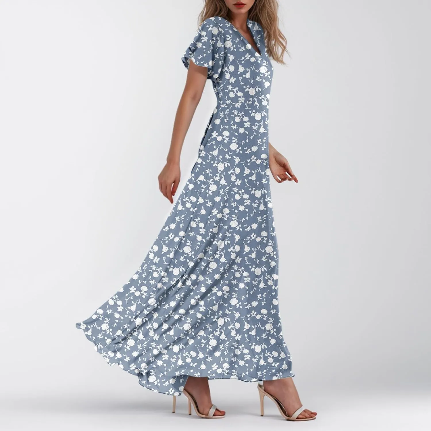 A Line Dresses for Women 2025 Floral Chiffon Long Summer Dresses Ruffle Short Sleeve Beach Dress for Wedding Guest