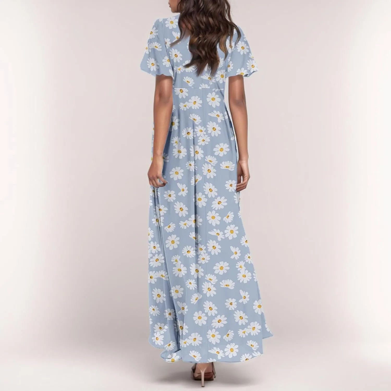 A Line Dresses for Women 2025 Floral Chiffon Long Summer Dresses Ruffle Short Sleeve Beach Dress for Wedding Guest